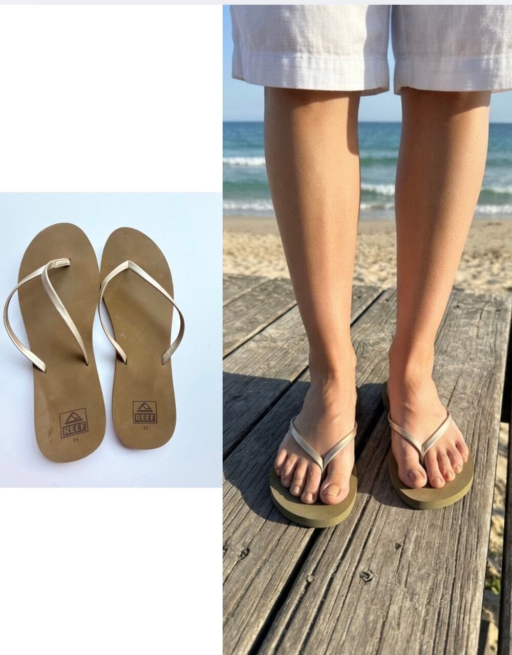 Reef Gold Metallic Leather Flip Flops Women's 11